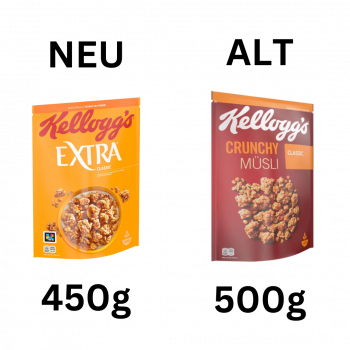 Kellogg´s Extra, Classic, 450 Gramm im  Vergleich mit Kellogg's Crunchy Müsli Classic, 500 Gramm Packung